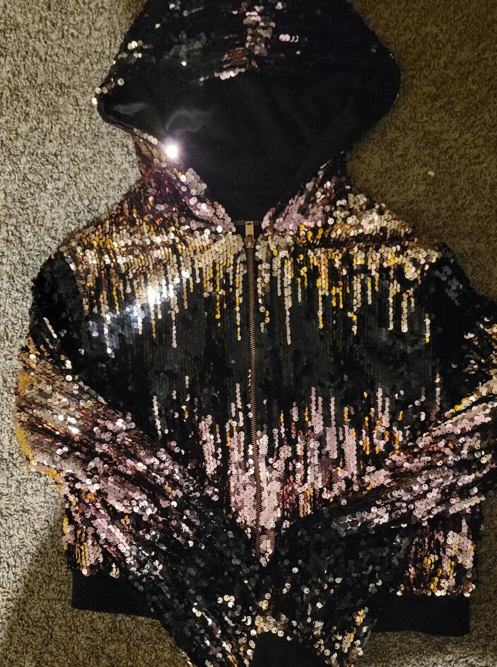 Forever 21 Black Sequin Zip-Up Bomber Jacket with Pink & Gold Accents. Size M/L